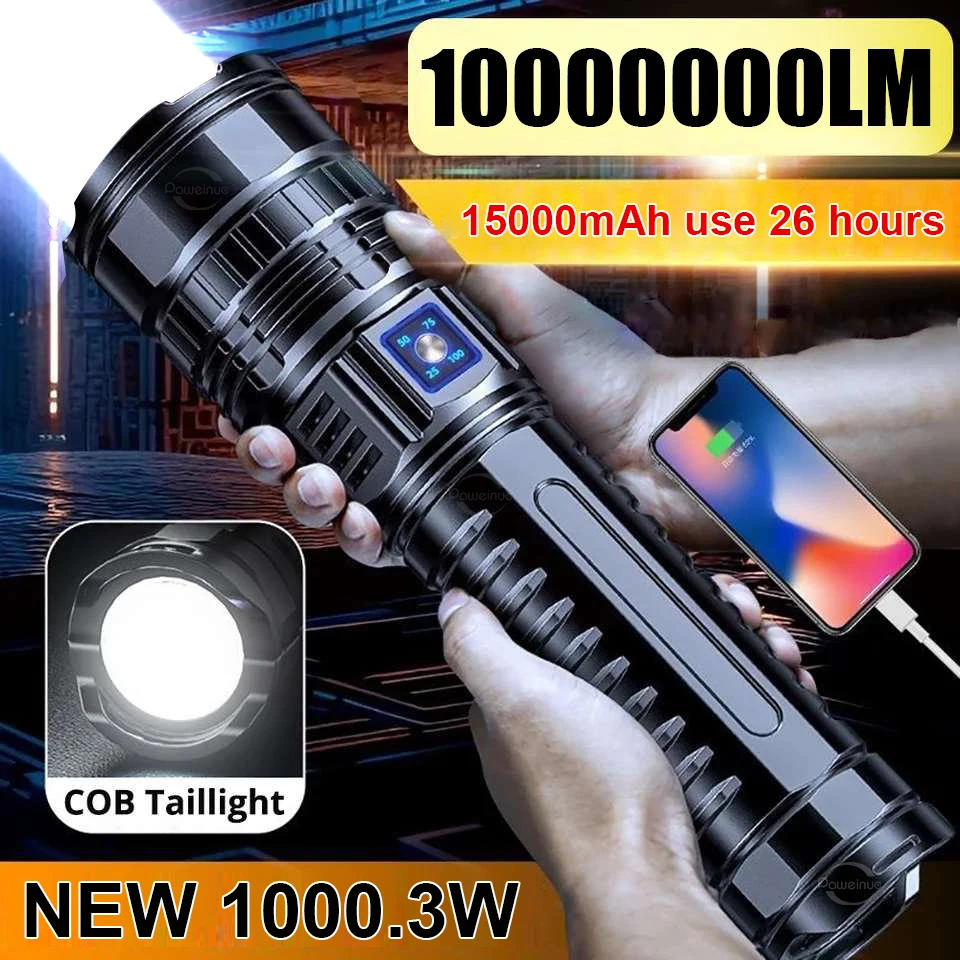 1000000LM Ultra Powerful Torch Lamp Rechargeable Flashlight Emergency Spotlights 5km Most Powerful Flashlights Tactical 15000mah