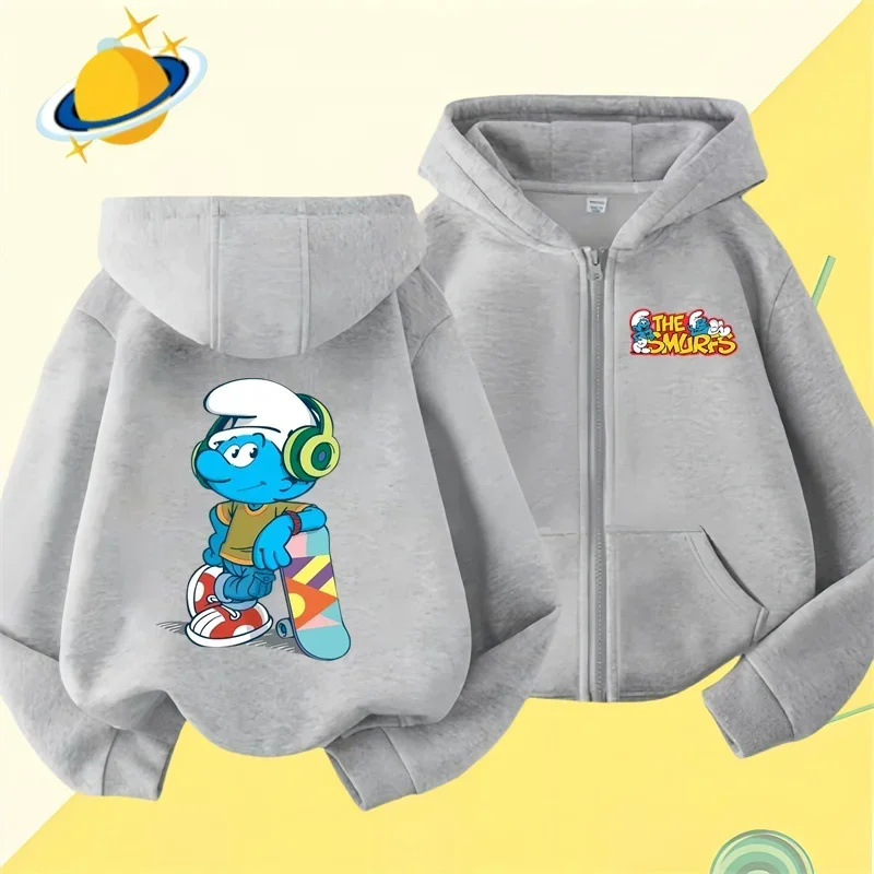 Anime Smurfs new pin zipper hoodie Boys girls sweatshirt autumn and winter long-sleeved Harajuku jumper casual hoodie top