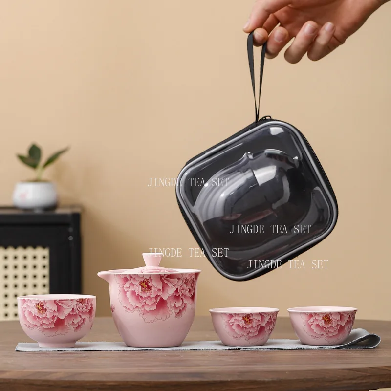 Ru Kiln Travel Tea Set Outdoor Camping Portable Express Cup One Pot Three Cups Kung Fu Tea Set