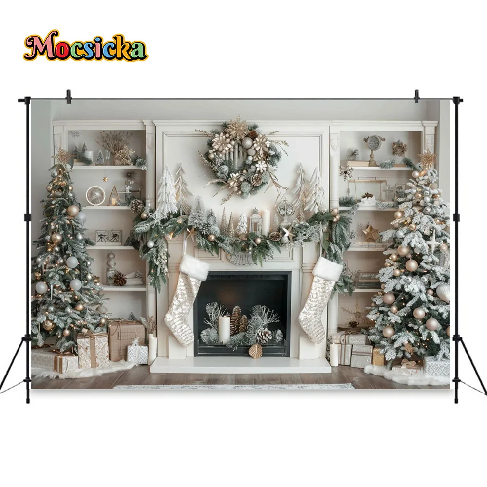 Mocsicka Christmas Fireplace Photography Background Xmas Tree White Cupboard Sock Backdrop Winter Kids Family Portrait Studio