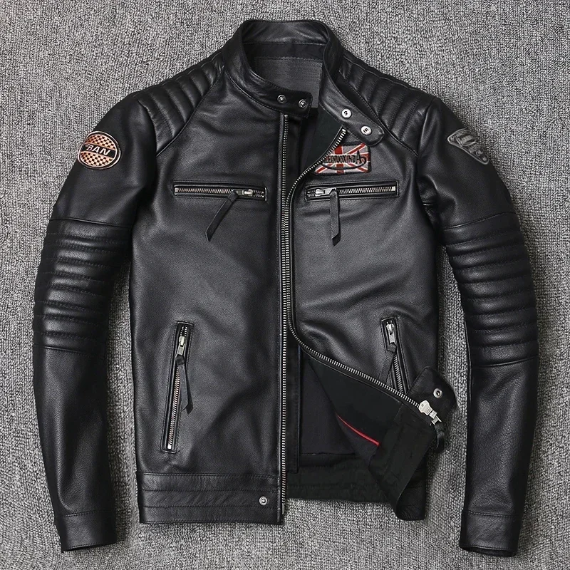 

Motorcycle Genuine Leather Jacket for Men Style Biker Jackets Slim Cowhide spring Coat Men