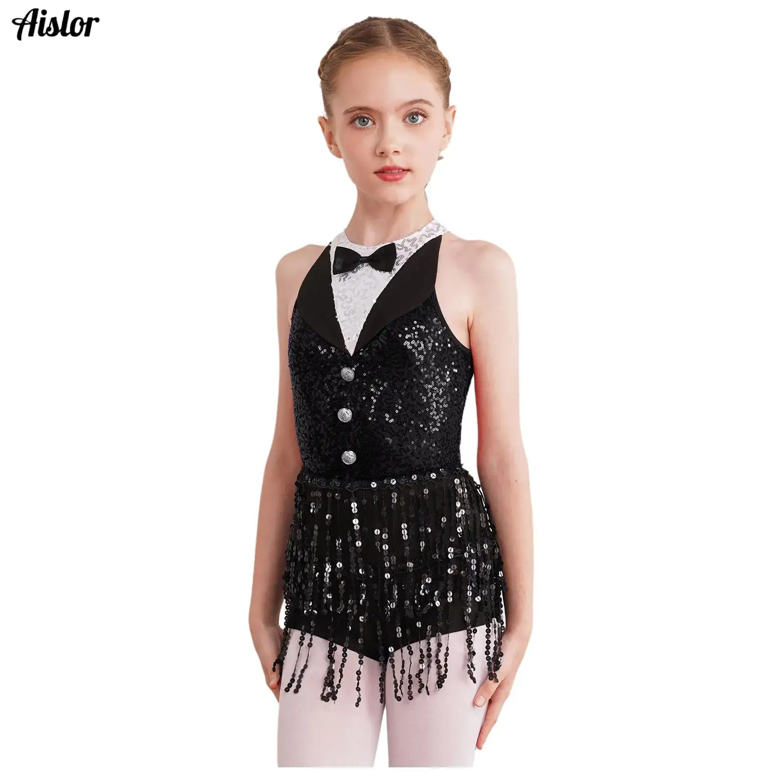 

Детское платье для латинских джазовых танцев с блестками для девочек, шорты для мальчиков без рукавов с замочной скважиной сзади, цельный комбинезон с кисточками и блестками, одежда для дискотеки 80-х годов