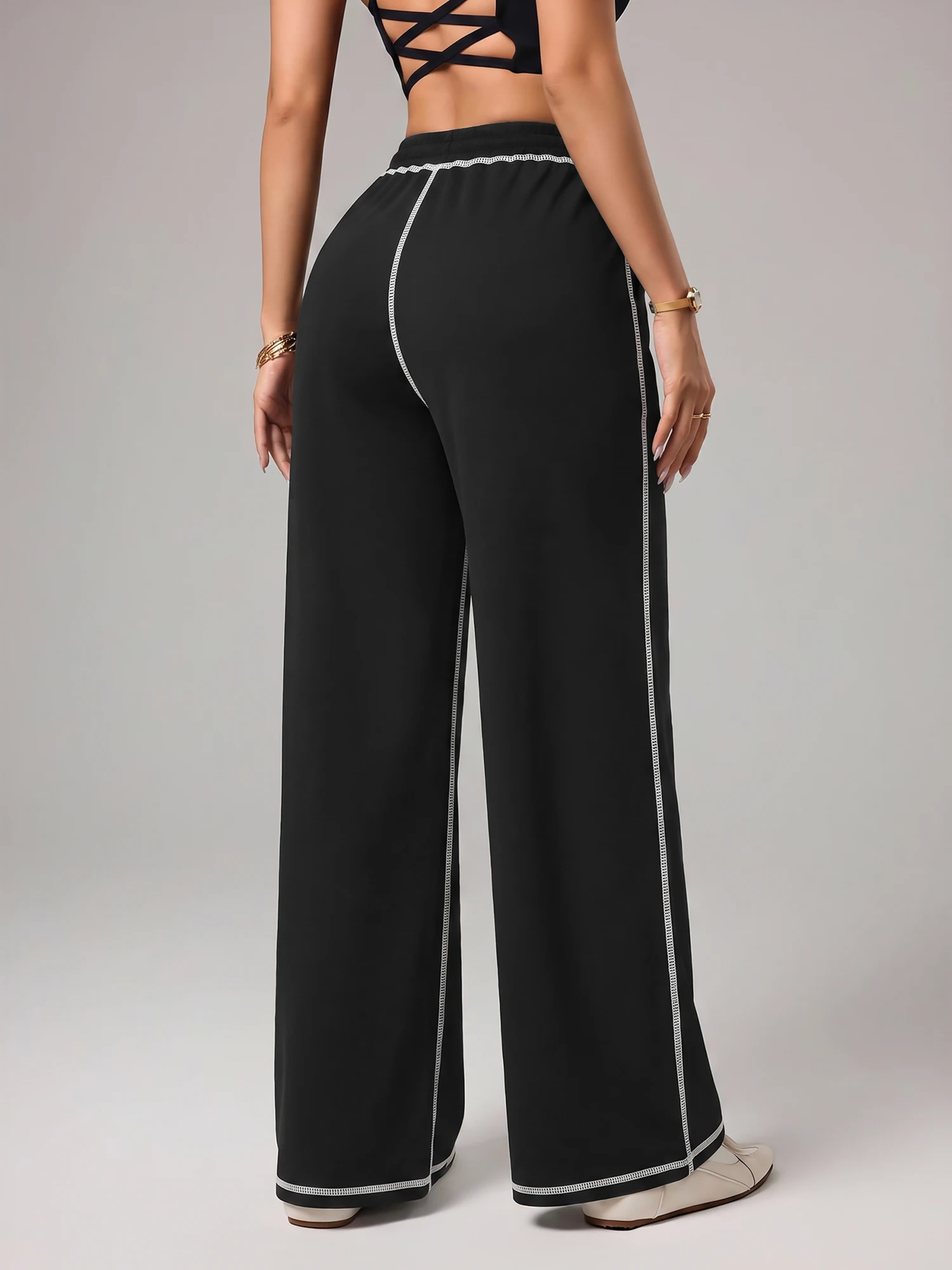 Ladies Solid Color Wide Leg Sweatpants Contrast Seam Design Drawstring Elastic Waist Daily Bottoms