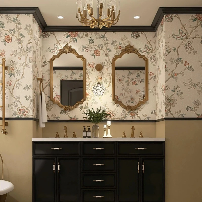 French retro bathroom smart bathroom mirror wall-mounted gold engraving craft hand-washing countertop makeup mirror