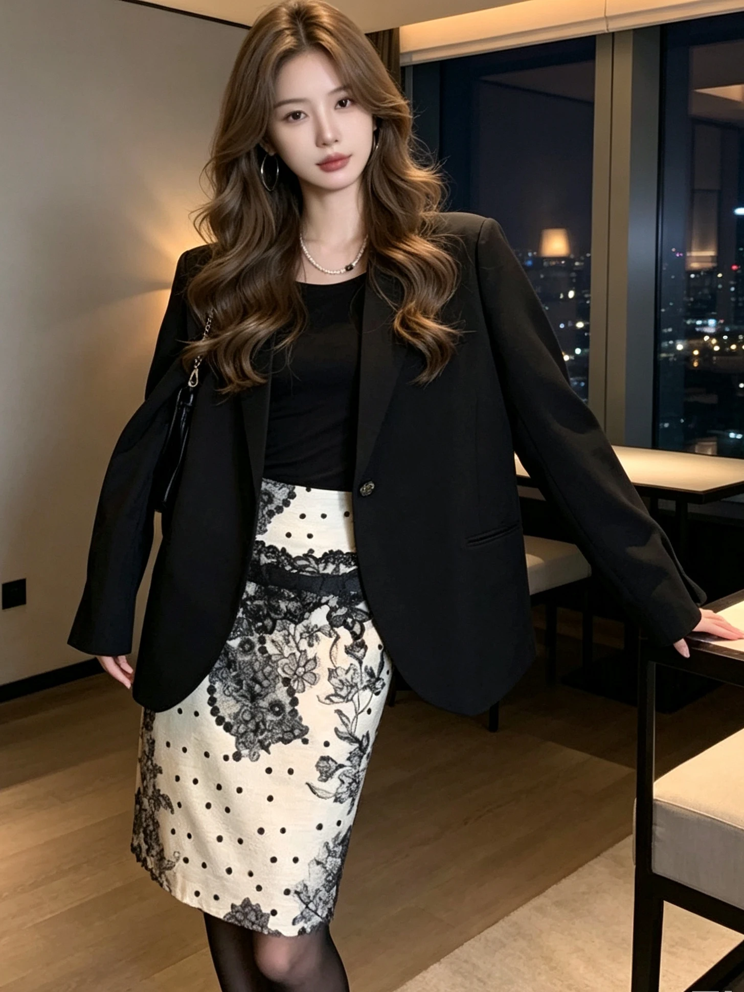 Retro Polka Dot Lace Splicing High Waist Half Skirt Women's Fashion Slimming Commuter Midi Skirt Korean Style A-Line Skirt