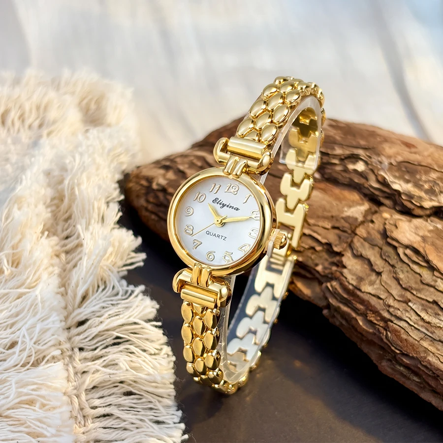 Vintage Round Dial Gold Rice Grain Strap Fashion Watch for Women