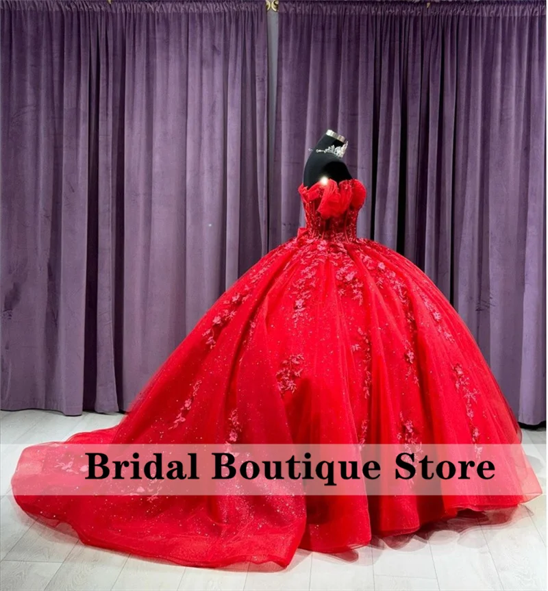 Red Sweetheart Princess Quinceanera Dress 2024 Off spalla pizzo fiori perline festa di compleanno dolce 16 Ball Gown Vestidos