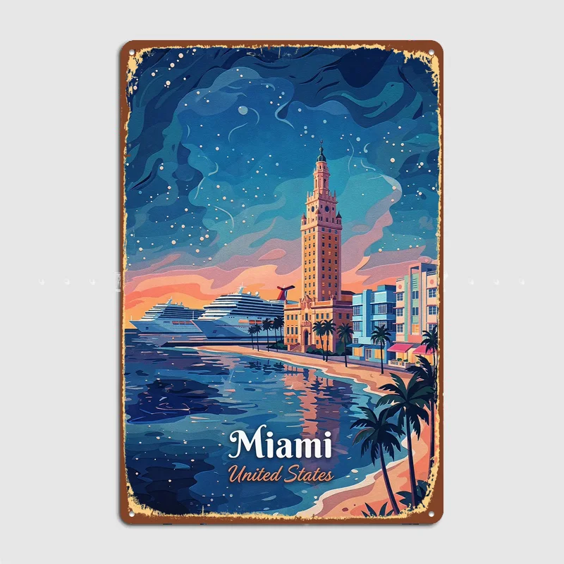 Miami Travel Poster Art Metal Custom Sign Living Room Wall Indoor Decor Room Decoration Bedroom Posters Home Decor