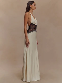 Mozision Summer Backless Sexy Maxi Dress Women Gown Patchwork Lace Halter Deep V Neck Sleeveless High Waist Elegant Long Dress 2