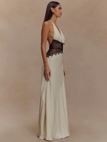 Imagen 2 del producto Mozision-Vestido largo Sexy con espalda descubierta para mujer, vestido de retazos de encaje con cuello Halter, escote en V profundo, sin mangas, cintura alta, elegante vestido largo