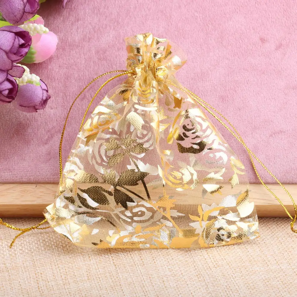 25/50pcs Rose Organza Jewelry Bag Gold Color Flower Printing Party Wedding Christmas Candy Gift Drawstring Packaging Pouches view 3