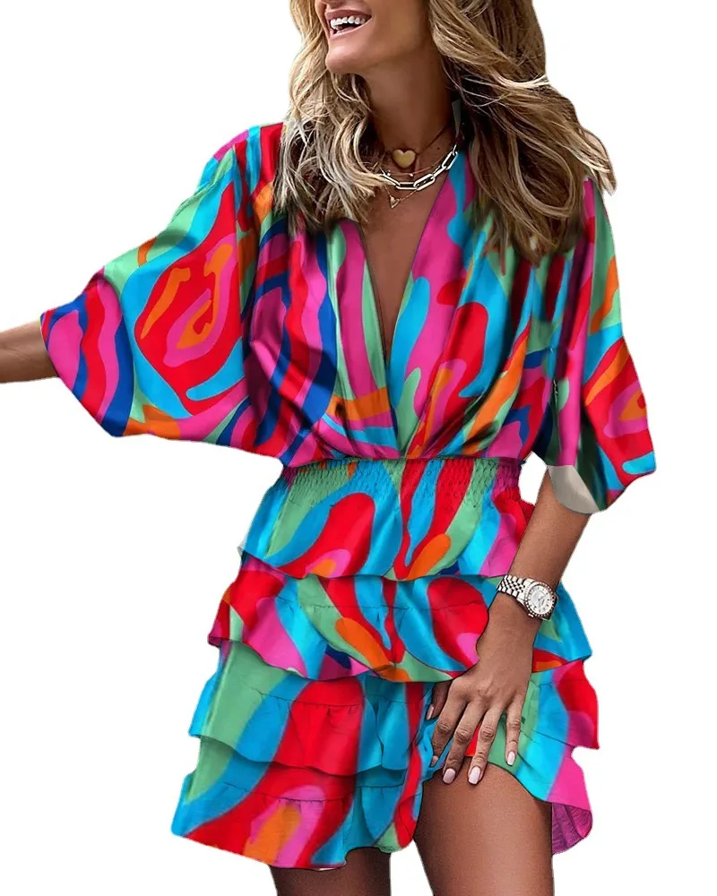 Women Sexy V Neck Mini Dresses 2025 Summer Boho Casual Floral Print Batwing Sleeve Robe Female Ruffle Beach Party Dress Vestidos