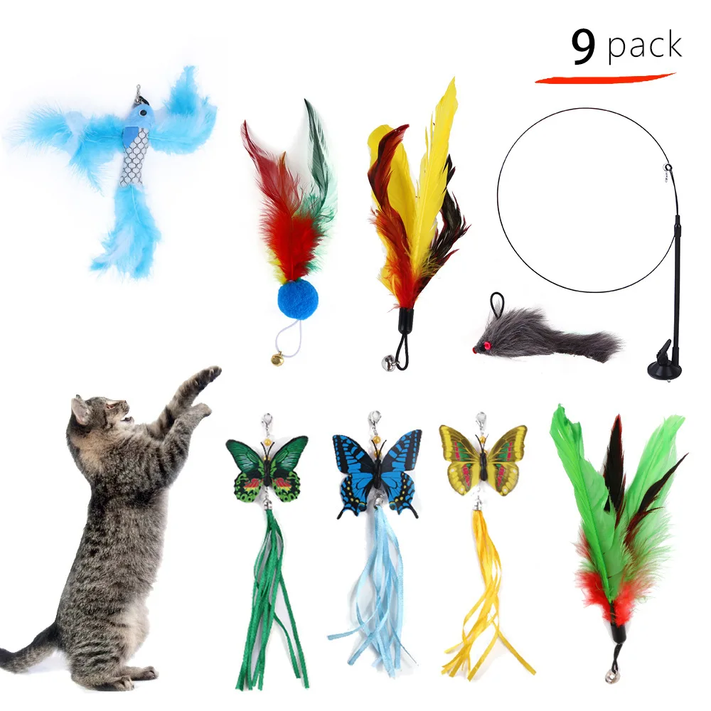 Funny Kitten Teaser Interactive Toy Rod with Bell With Replaced Feathers and Butterfly Fish Set Toys for Kitten Gift Pets Supply