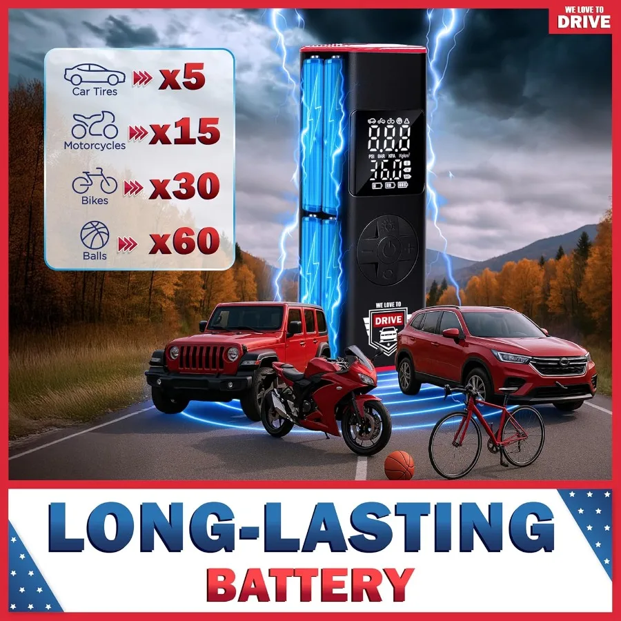 ضاغط هواء كهربائي محمول 12 فولت تيار مستمر لمنفاخ إطارات السيارات مع أقصى ضغط 150 رطل لكل بوصة مربعة ومقياس ضغط الإطارات المدمج