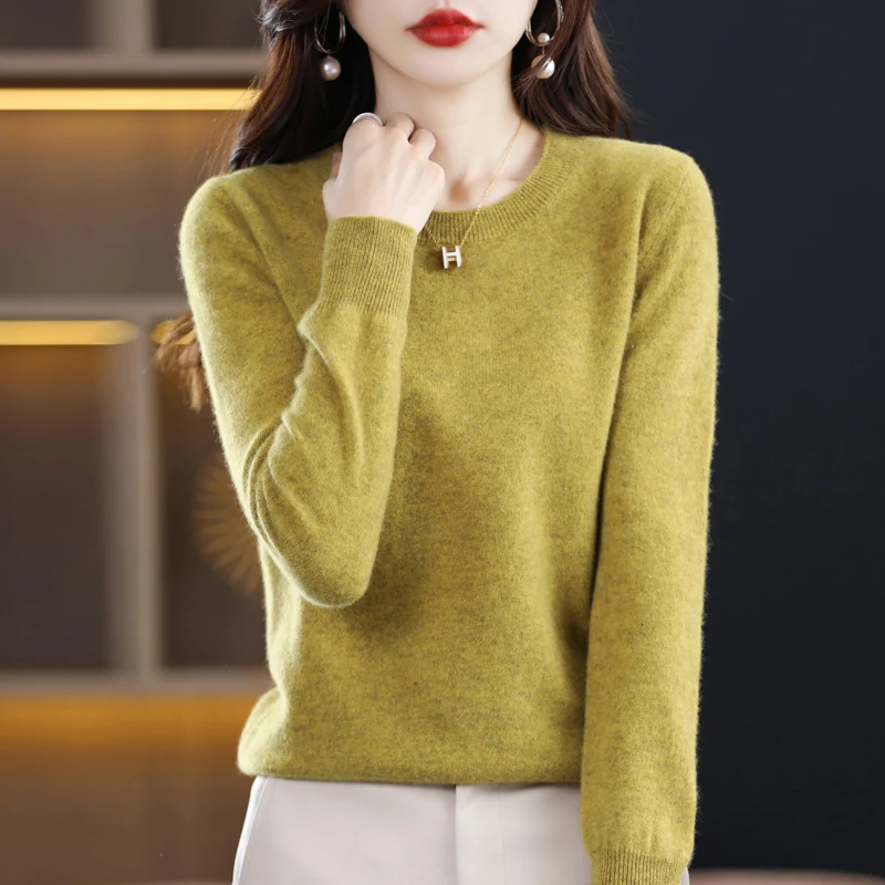 Herbst Winter 100% Reine Wolle Frauen Kaschmir Pullover Oansatz Mode Bodenbildung Pullover Casual Stricken Einfarbig Langarm Tops