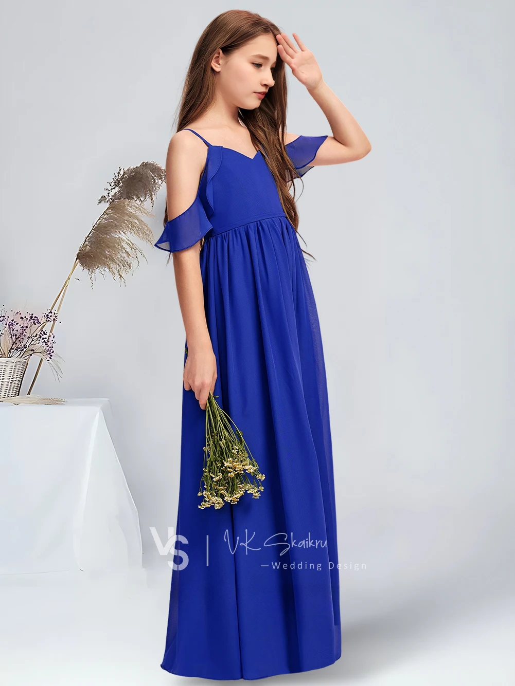 Vestido de dama de honor junior de gasa hasta el suelo con hombros descubiertos y corte en A, vestido de niña de flores azul real, vestido para adolescentes para ocasiones especiales