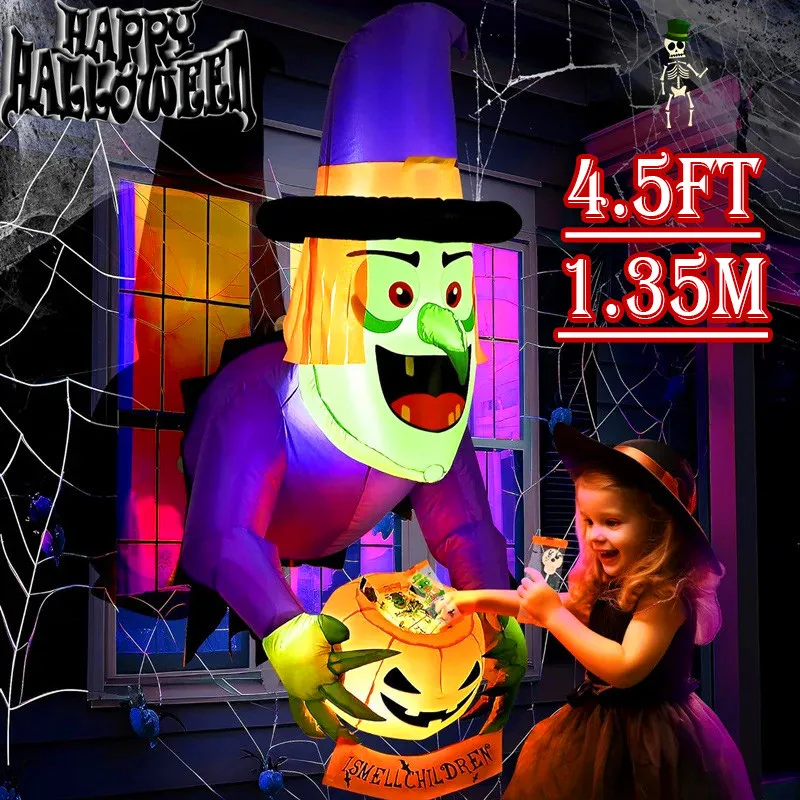 1.35M/4.5FT Halloween Inflatable Toys Decoration Climbing Window Witch Model with LED Lights Outdoor Inflatable Homes Decor Toys