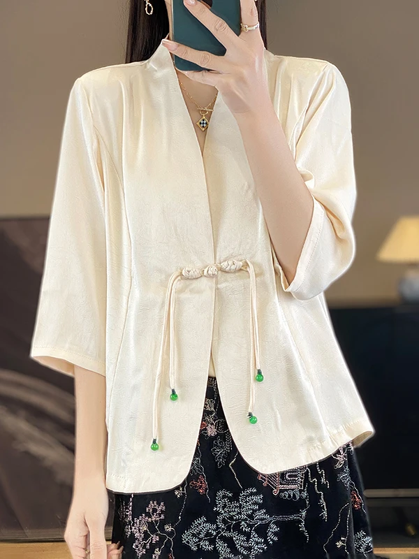 

Loose Fit V-Neck Acetate Satin Sleeveless Jacket Women's New Chinese Style Button up Shirt Spring Fashion Outerwear