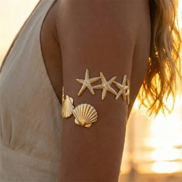 Pulseira de Braço Superior com Conchas e Estrelas-do-mar para Mulheres, Joia para Férias na Praia, Bracelete Ajustável, Acessórios com Tema Náutico