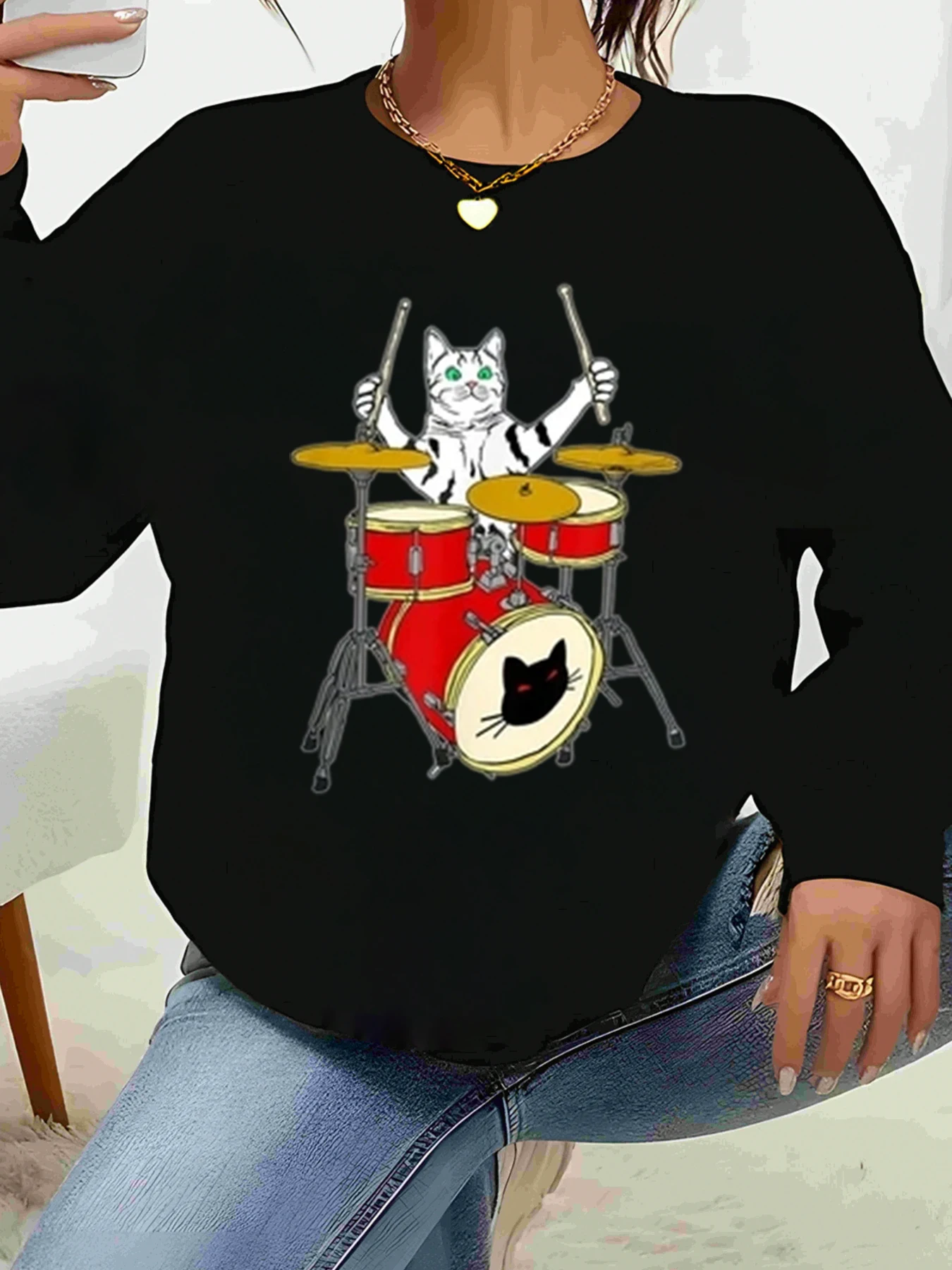

Свитер с длинными рукавами и принтом кота, играющего на барабанах, повседневная одежда на Хэллоуин, женская одежда