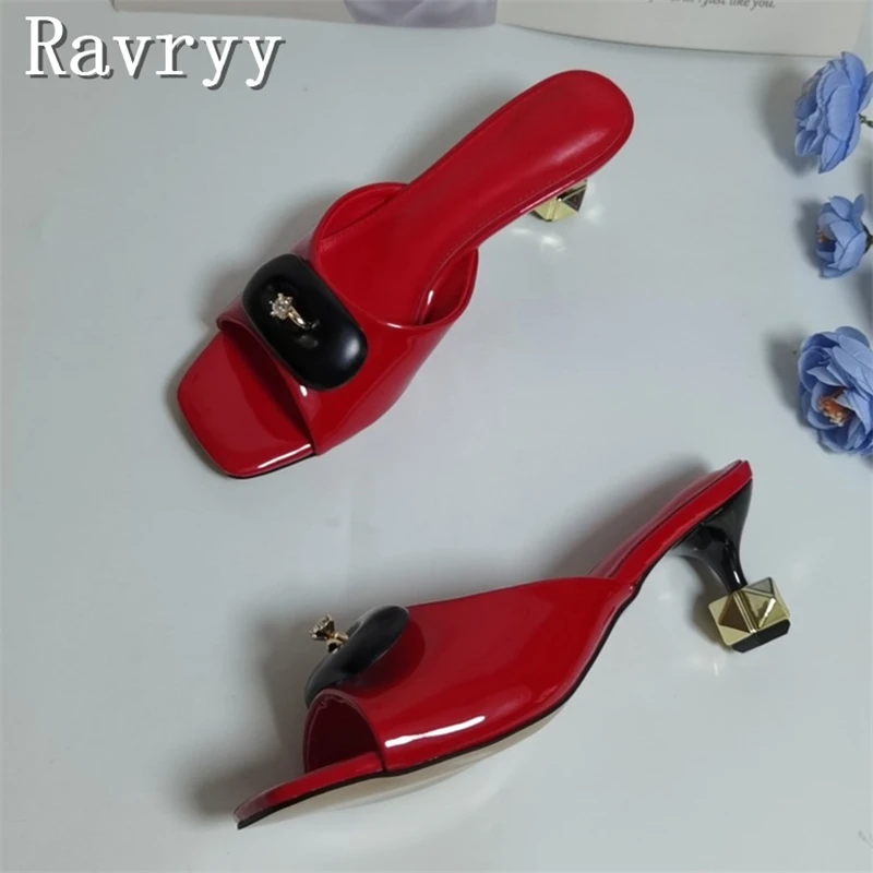 

Women's Red Patent Leather Mule Heels Square Open Toe Rhinestone Decor Unique Diamond Shape Heels Slippers for Party