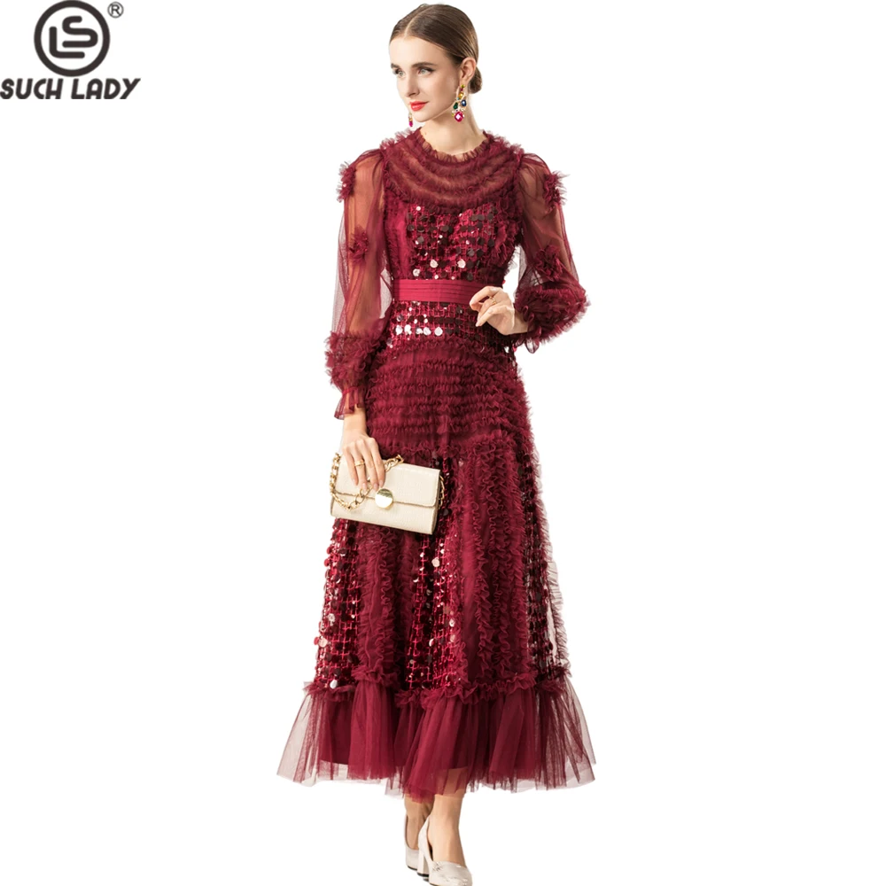 Vestido maxi feminino de manga comprida com lantejoulas borgonha e tule com babados, vestido de gola alta com cintura justa e saia em camadas vestido elegante