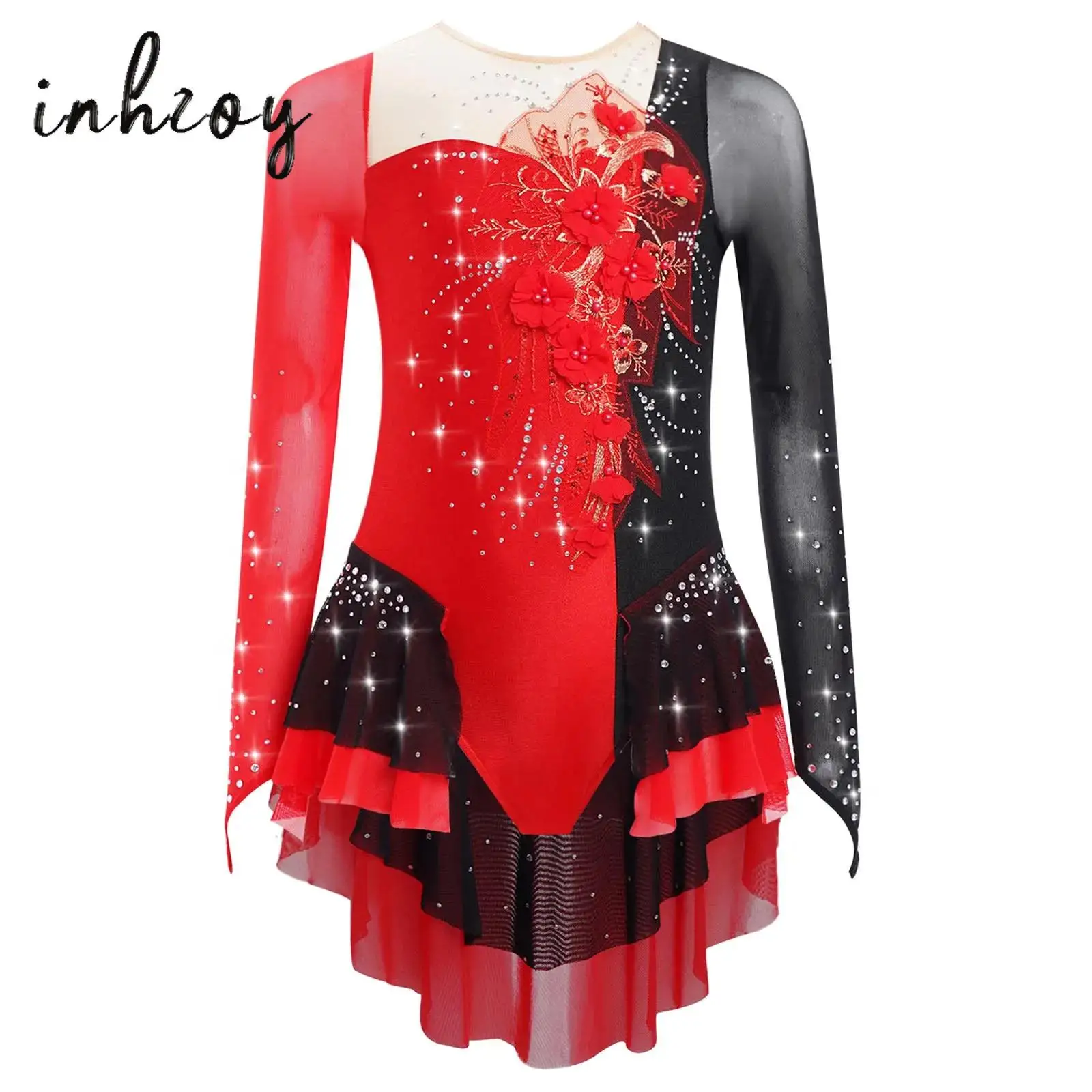 

Kids Girls Gymnastics Bodysuit Figure Skating Lyrical Dance Costume Applique Shiny Rhinestones Long Sleeve Mesh Skirted Leotard