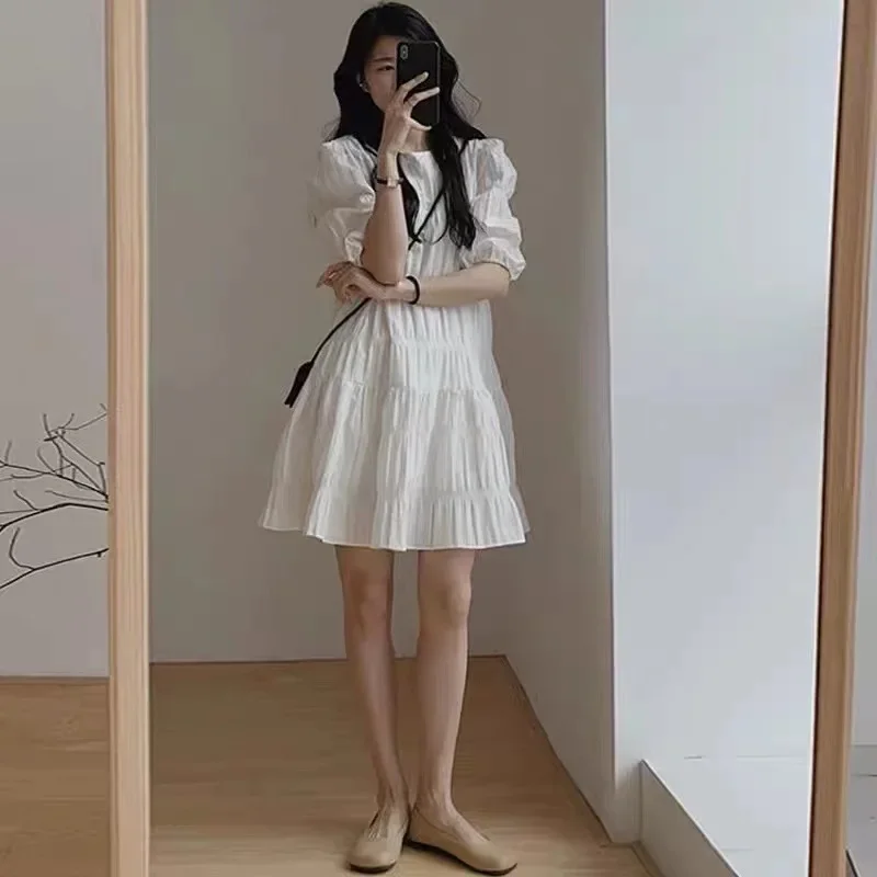 Vestido Feminino Mini White Doll Dress Women Puff Short Sleeve Hip Y2k Sexy Casual Pleated Shirt Loose Robe Black Dresses