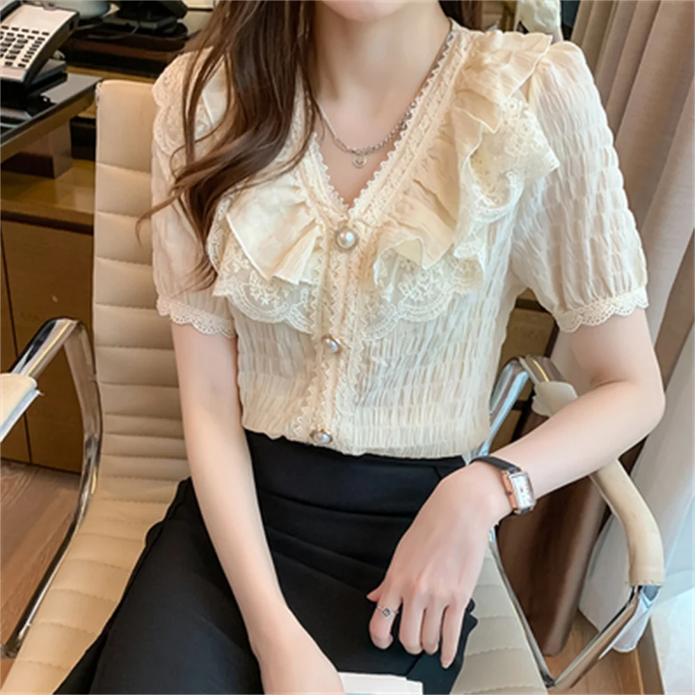 2023 Korean Ruffle Blouse Women Shirt White Chiffon Lace Blouse Sweet V-neck French Vintage Style Short Sleeve Tops H2229