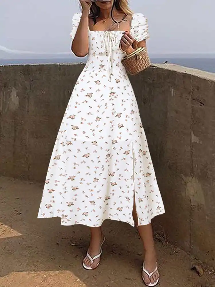 Celmia Bohemian Beach Sundress 2024 Summer Women Dress Sexy Square Collar Puff Sleeve Casual Bandage Split Party Vestidos Robe