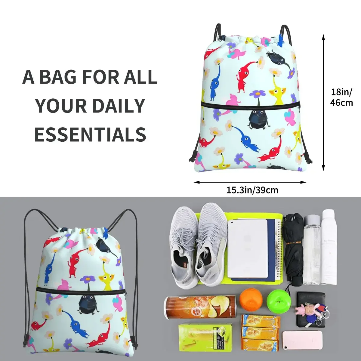 Zaini portatili Pikmin borsa con coulisse borsa multifunzione con coulisse e tasca per scarpe da viaggio Sport uomo donna