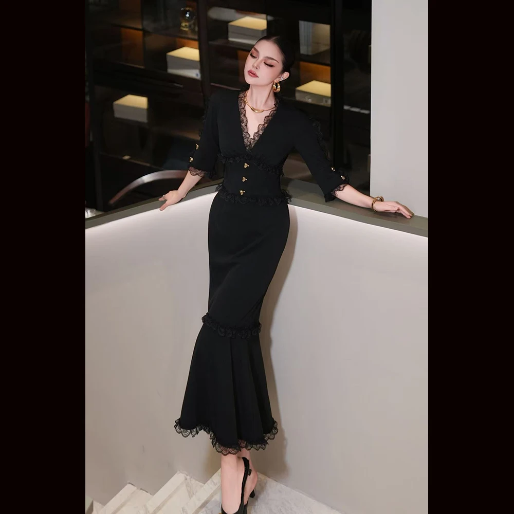 Meyyithun Women's Dress High Quality Summer Runway  V-Neck Lace  Black Fishtail Dress Slimming Style Leopard Head Button Dress
