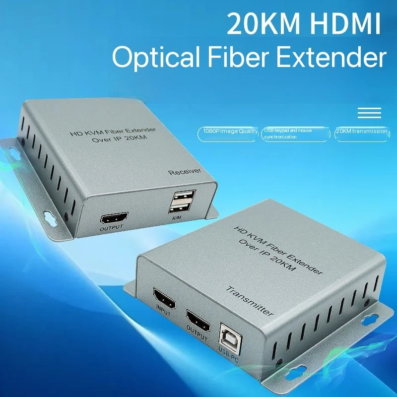 20km Fiber Cable Transmission HDMI USB KVM Extender Over IP Video Transmitter and Receiver Support Keyboard Mouse Remote Control