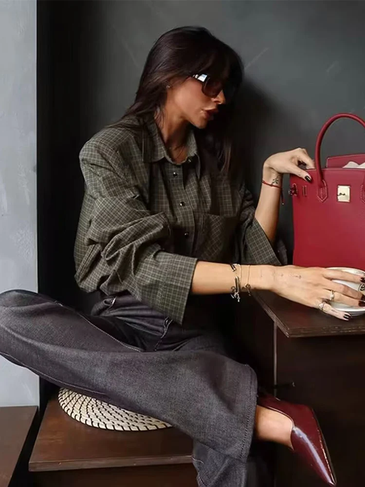    TFMLN Herbst frauen Plaid Schulter Pad Hemd Mode Revers Langarm Vintage Top Neue Lose Damen Täglichen Pendler Hemd