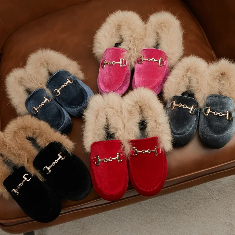 Kids Velvet Fur Shoes Baby Girls Warm Flats Princess Loafer Moccasin Winter