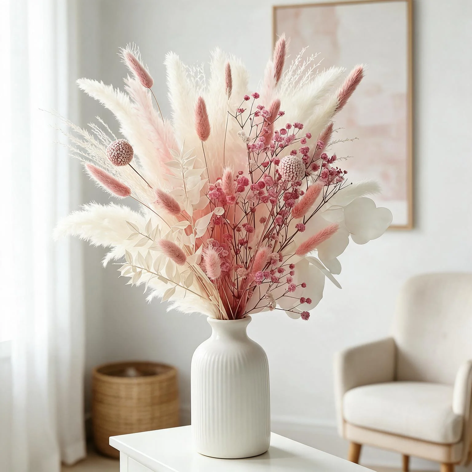 58PCS Pink Pampas Grass Bouquet 17.5in Mixed Dried Flowers Bunny Tails Eucalyptus Baby's Breath Craspedia Reed Grass Soft Pink Boho Wedding Home Decor Farmhouse Table Centerpiece Vase Filler Long Lasting Gift Vase Not Included