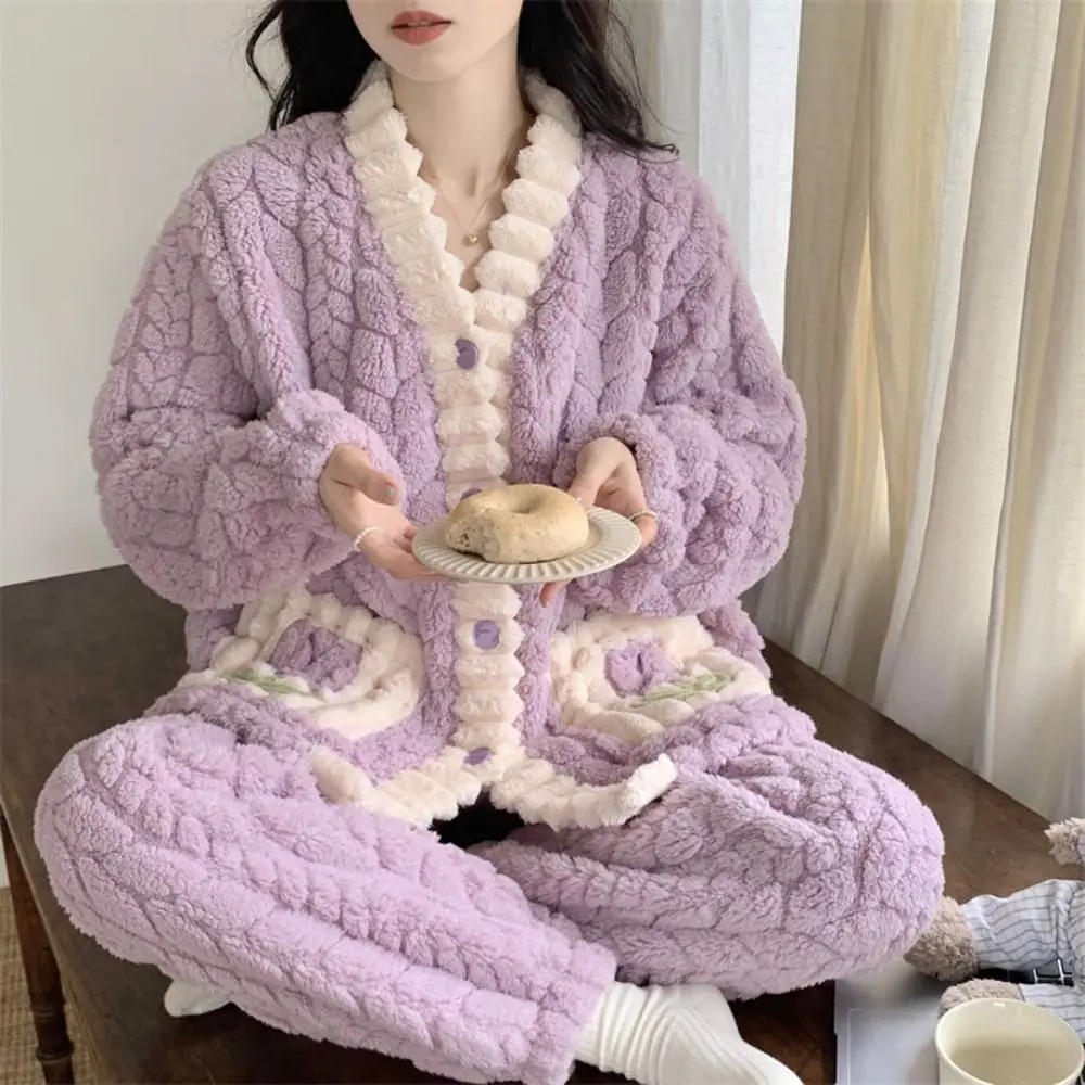 

Sweet Plush Fleece Sleepwear Set Patchwork with Pockets Flannel Pajamas Women Thicken Flower Homewear Suit Autumn/Winter