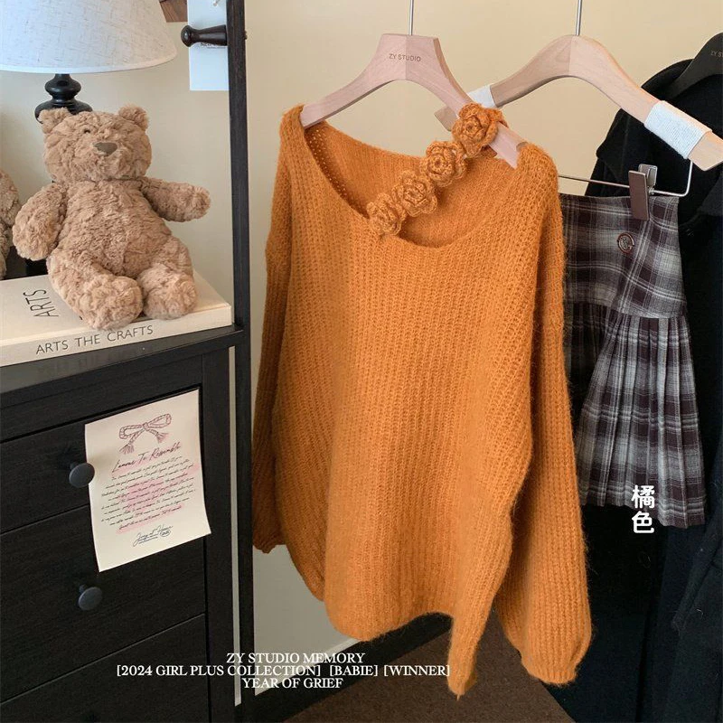 Women Clothing Korean Fashion 3D Flower Hollow Chic Sweet Knitted Sweater Autumn Winter Casual Solid Long Sleeve Loose Pullovers