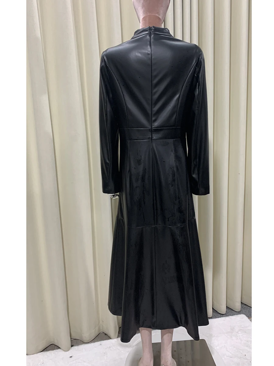 Cappotto in morbida ecopelle aderente nero extra lungo primavera autunno donna scollo a V elegante design di lusso alla moda in stile cinese