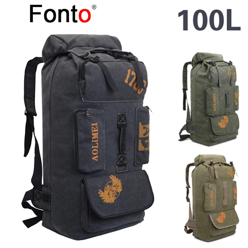 Fonto 100L Grote Capaciteit Camping Rugzak Canvas Mannen Bag Reizen Wandelen Rugzak Rugzak Outdoor Climing Bagage