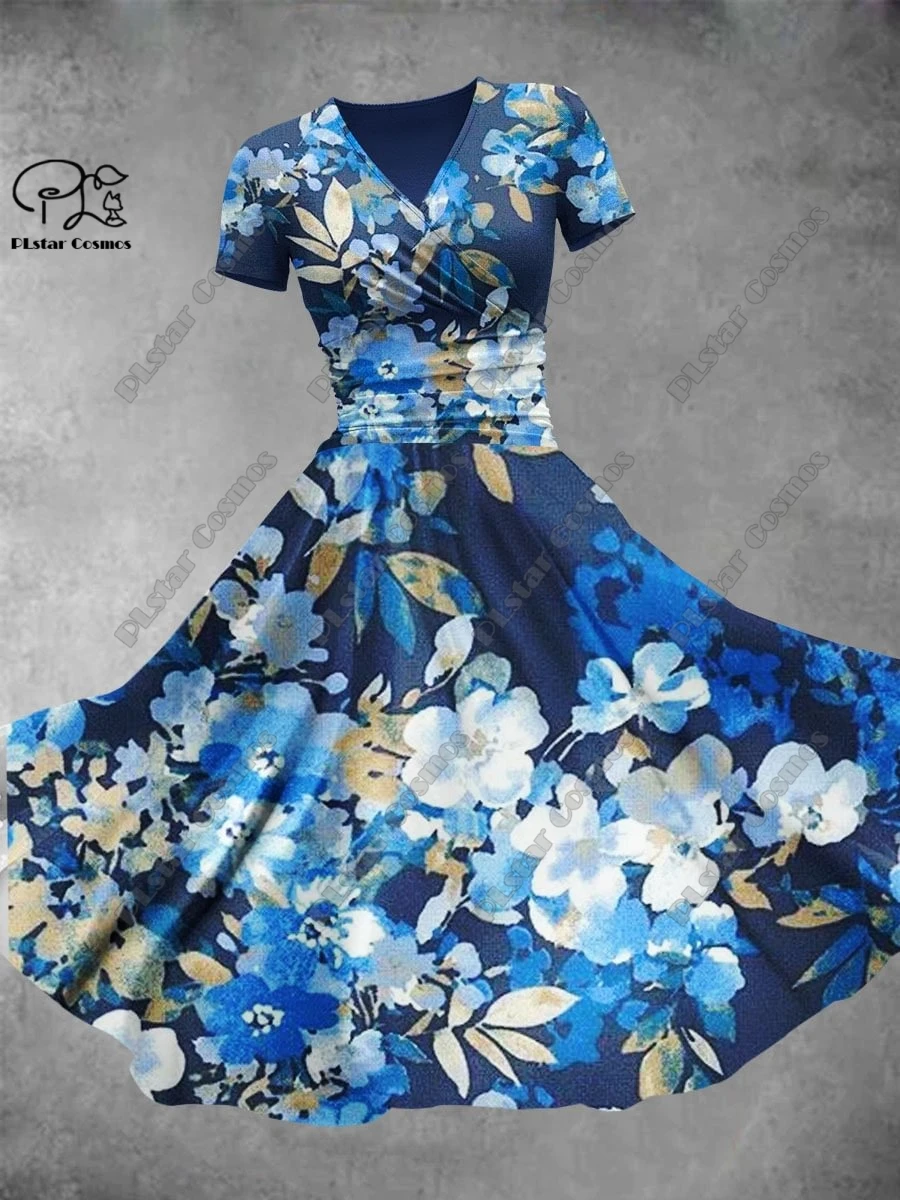 

3D printed floral skirt Valentine's Day series printed V-neck short-sleeved dress A-line long skirt casual and fashionable -8