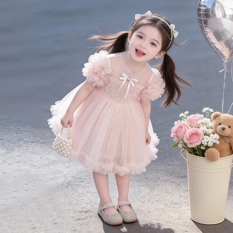 Vestido de Princesa Rosa para Niñas 2026 con Mangas Abullonadas de Verano, Lazo y Falda de Malla Esponjosa - Vestido de Princesa Fugitiva