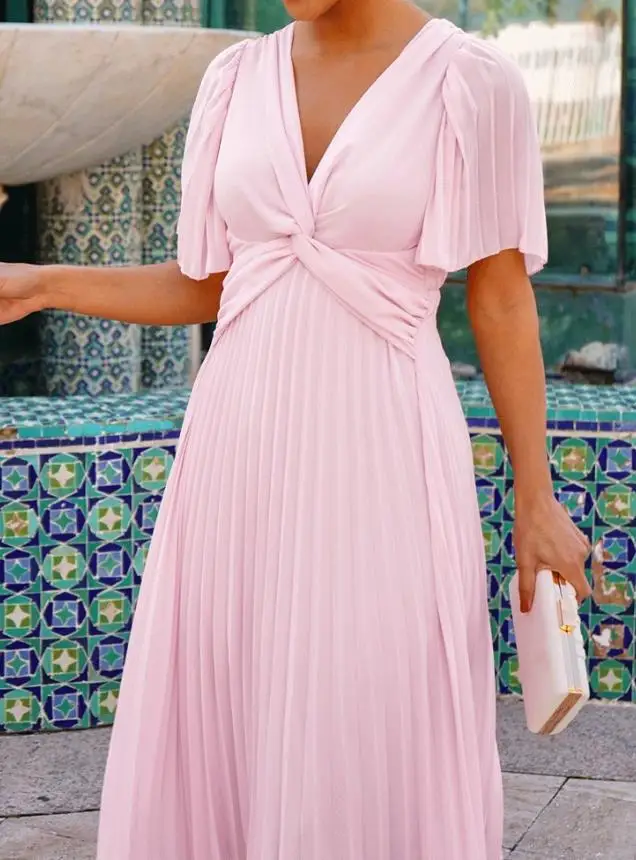 

Womens Dresses 2025 Summer New Solid Color Flutter Sleeve Twist V Neck Midi Dress Casual Short Sleeve A Line Pleated Dress