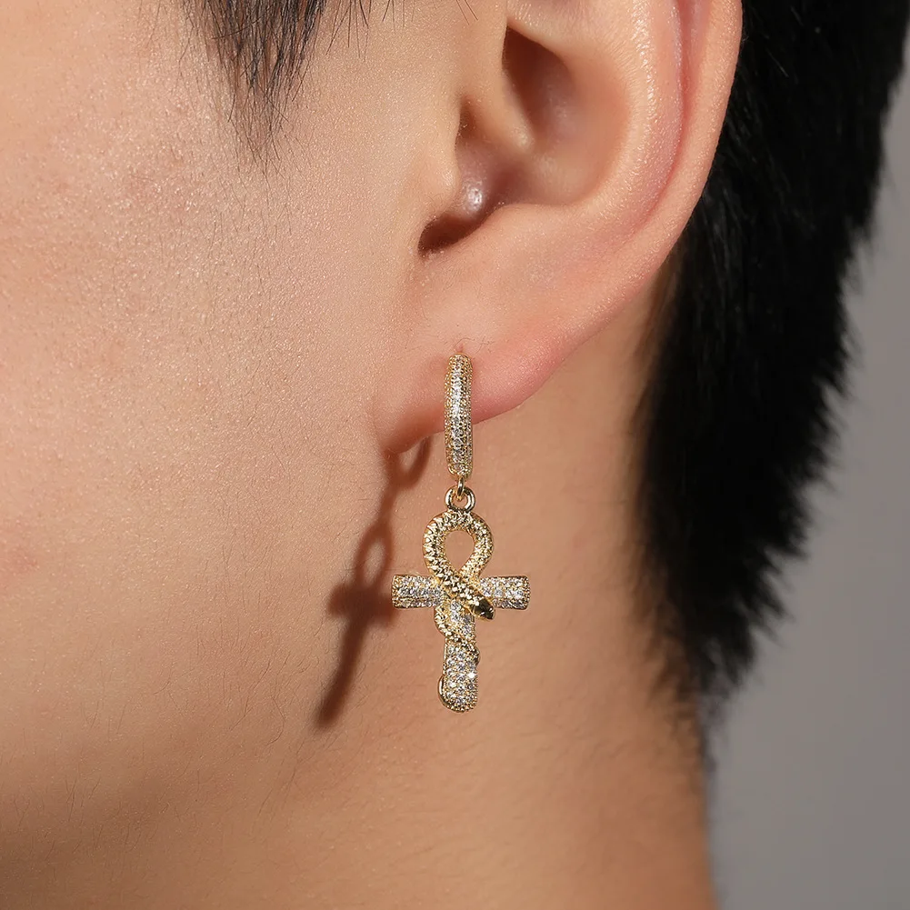 

1 Pair of The Egyptian Cross Drop Earrings with Snake for Women Men Iced Out Cubic Zirconia Ankh Dangle Earrings Fashion Jewelry
