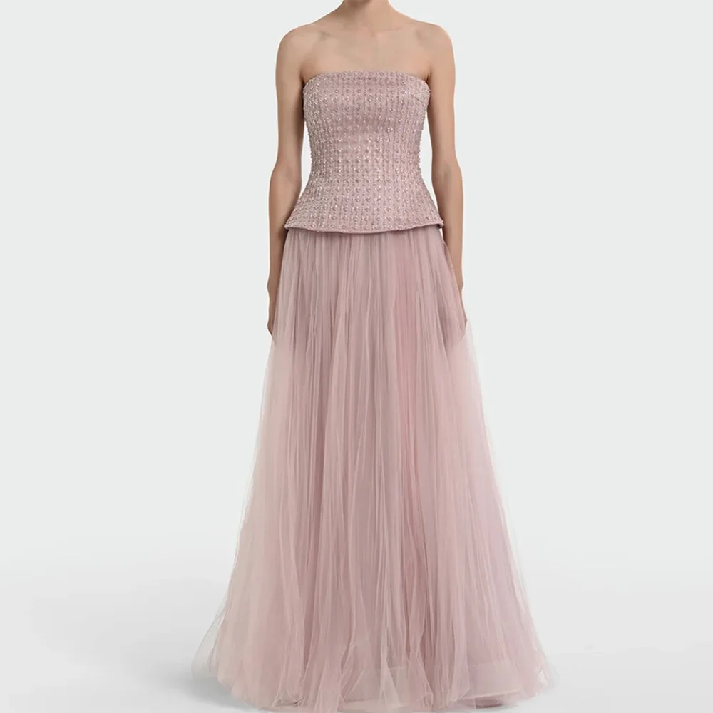 

Sparkly Customized Beading Sleeveless Vestido De Festa Fashion Strapless Satin Evening Dress Classic A-Line Tulle Celebrity Gown
