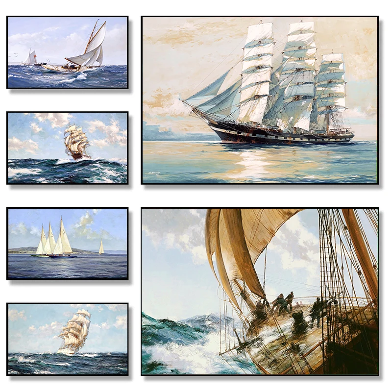 Vintage Ship Sailing Retro Nordic Canvas Poster Painting Boat At Sea Wall Art Pictures for Living Room Bedroom Office Decor