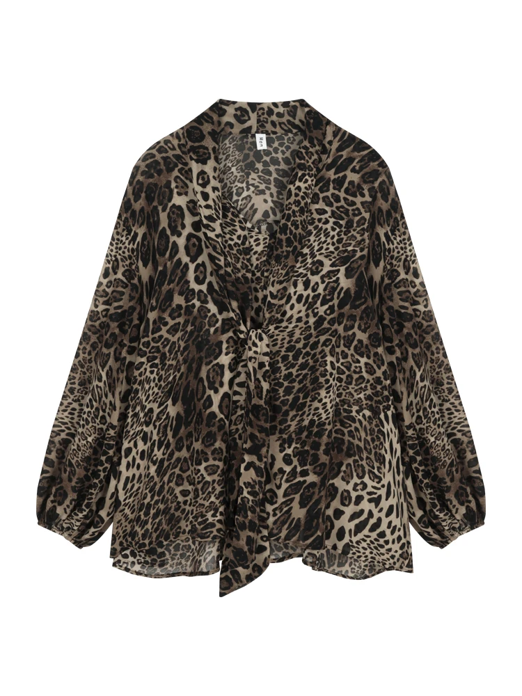 ADAgirl Vintage Leopard Print Shirt Women V-neck Long Sleeve Chiffon Blouse Female Summer Loose French Style Elegant Tops Chic