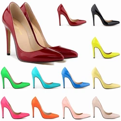 Concise Patent Leather Slip On Women Shoes Shallow High Heels Ladies Office Shoe Candy Colors Pointed Toe Sexy Woman Pumps Dress