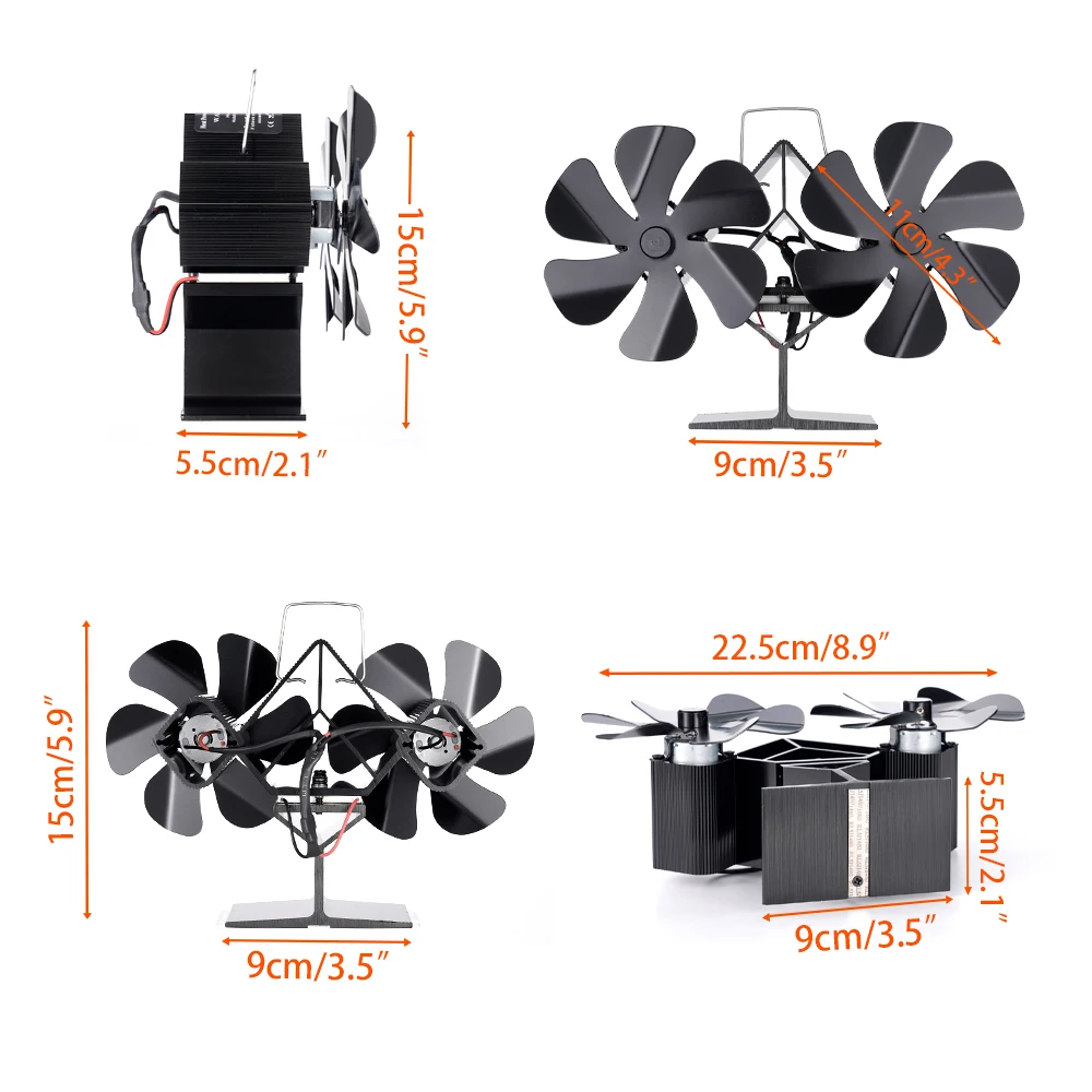 Ventilador de lareira preto de cabeça dupla Ventilador de fogão movido a calor de 12 lâminas sem necessidade de bateria ou eletricidade Queimador de madeira Eco Ventilador silencioso