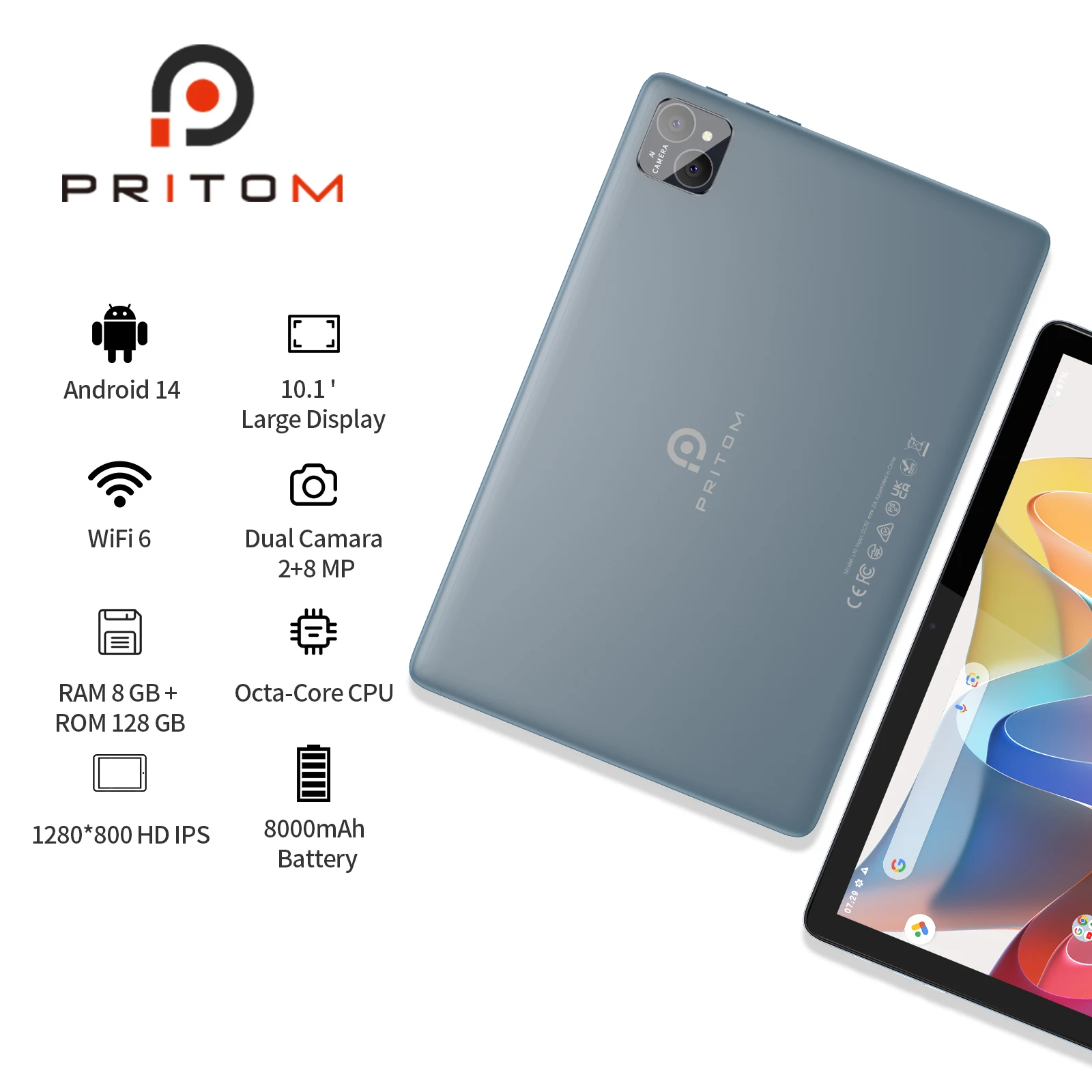 PRITOM TAB11 Android 14 tablet 10 inch, 8 GB (4 + 4 uitbreiding) RAM + 128 GB ROM, Octa Core, 5G WiFi, met toetsenbord, muis, hoesje